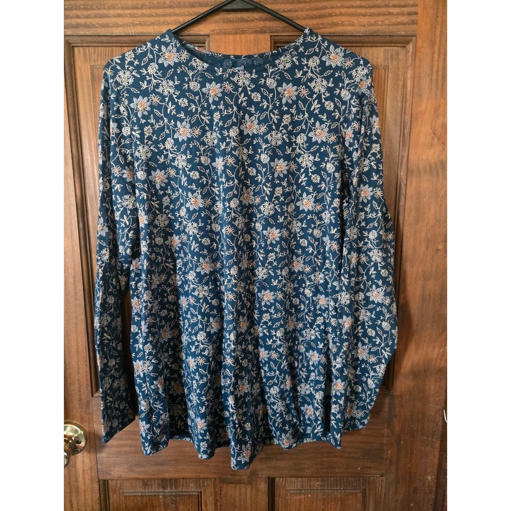 Pure Jill Blue Floral Pima Cotton Long Sleeve Shirttail Tee Womens Medium M - Picture 1 of 3
